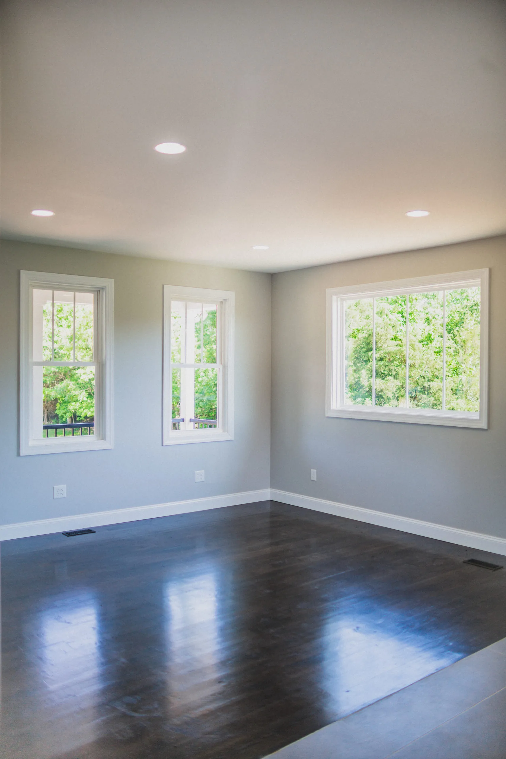 Empty room with dark hardwood floors and large windows in the Falling Creek Home