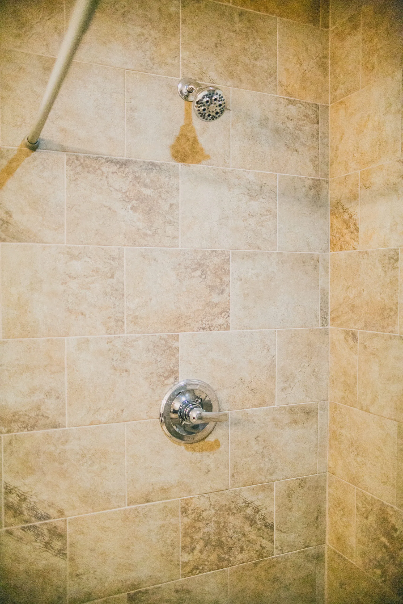 Tiled shower wall with fixtures in the Forest Home