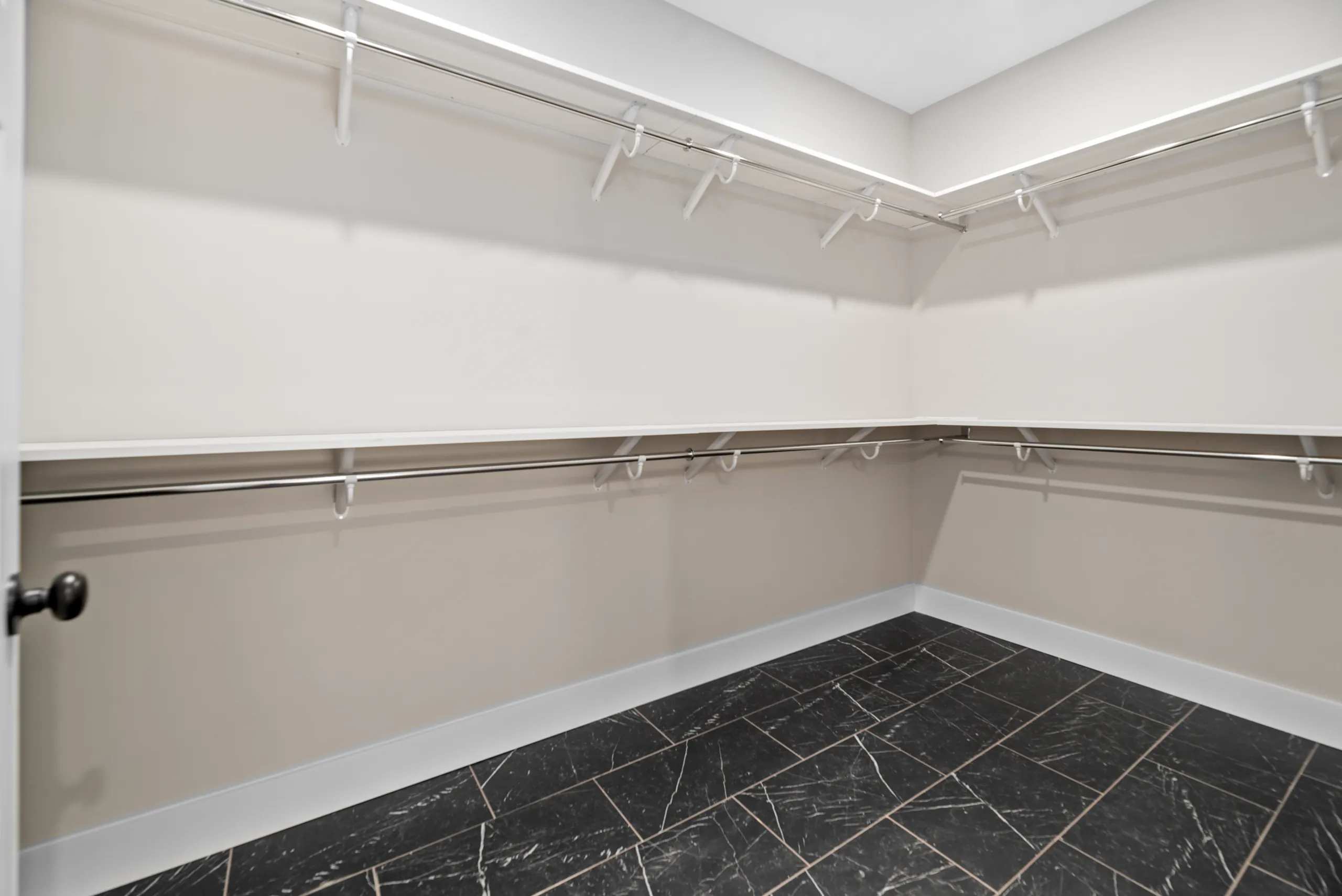 Walk-in closet with built-in hanging rods and shelving in the Lake Crest Home