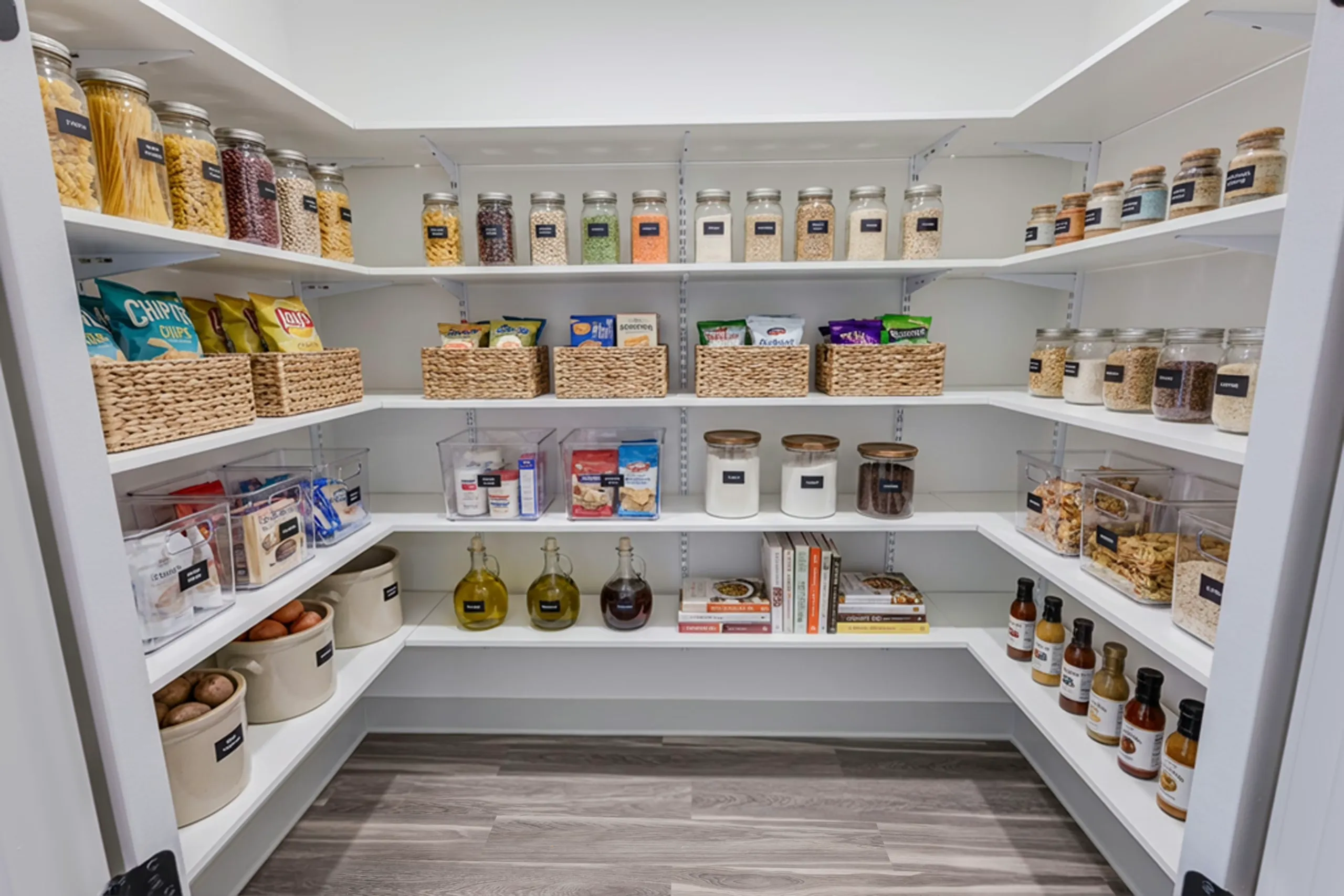 Walk-in pantry with labeled jars and baskets in the Powell Lane Home