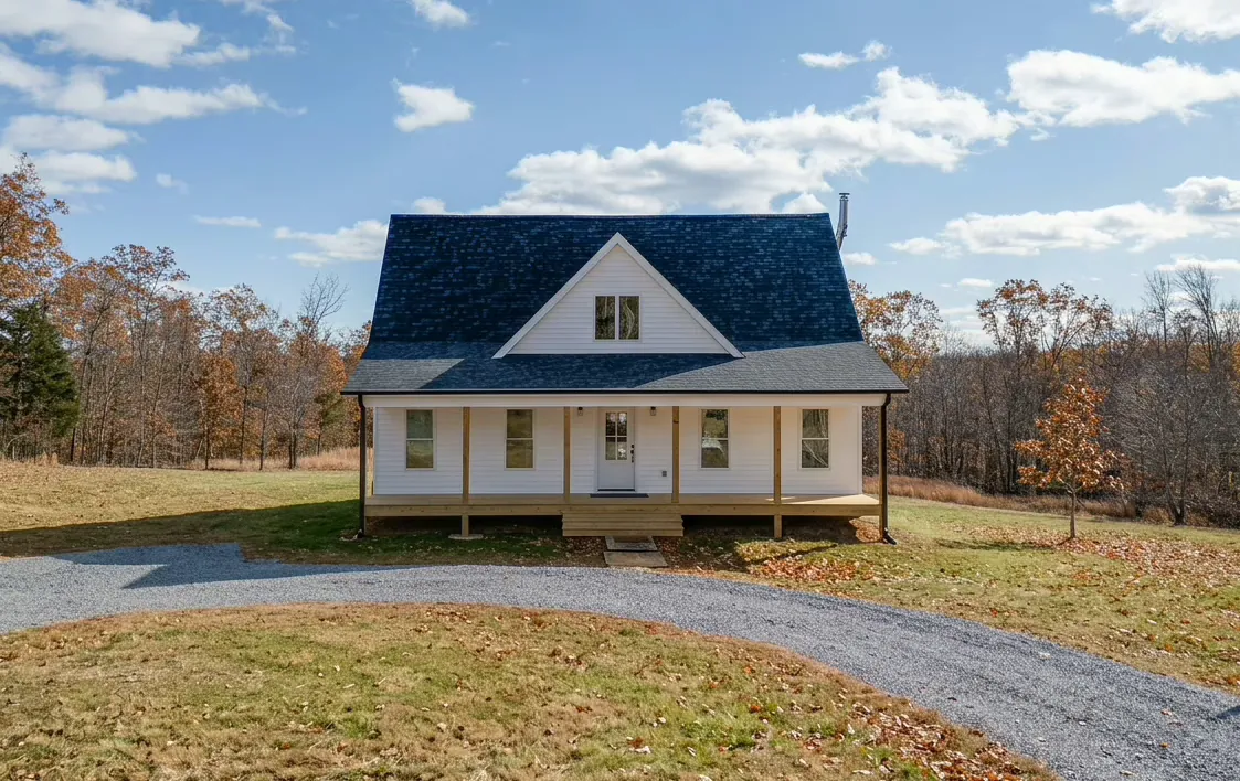 Front of the Meaders Mill Home with covered porch and gravel drive