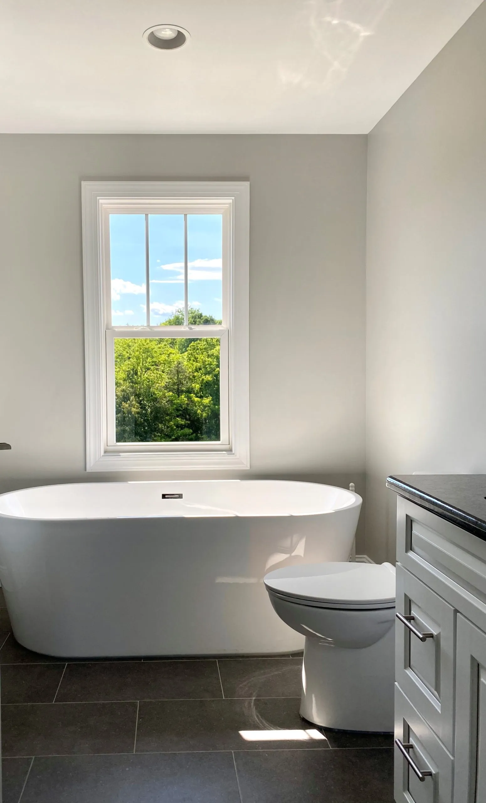 Freestanding tub beneath a window in a bathroom of the Falling Creek Home