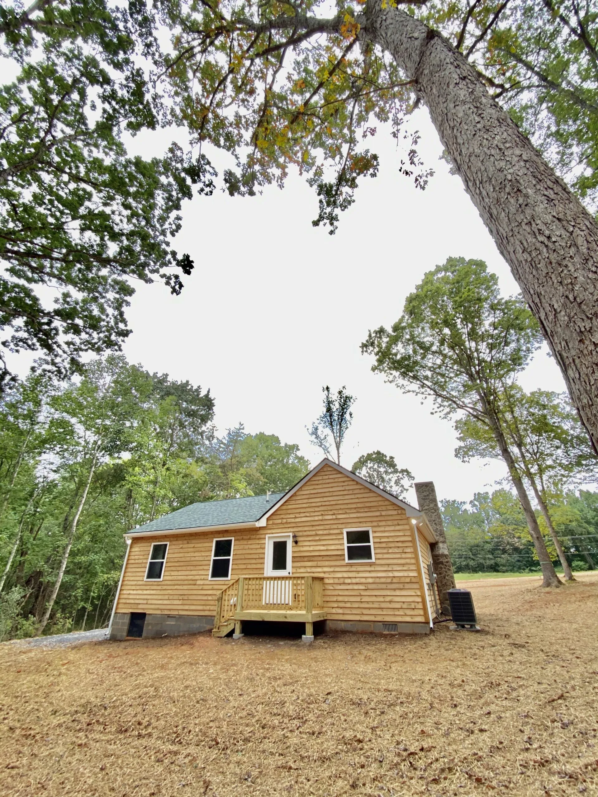 Rear of the Forest Home with cedar siding and small deck