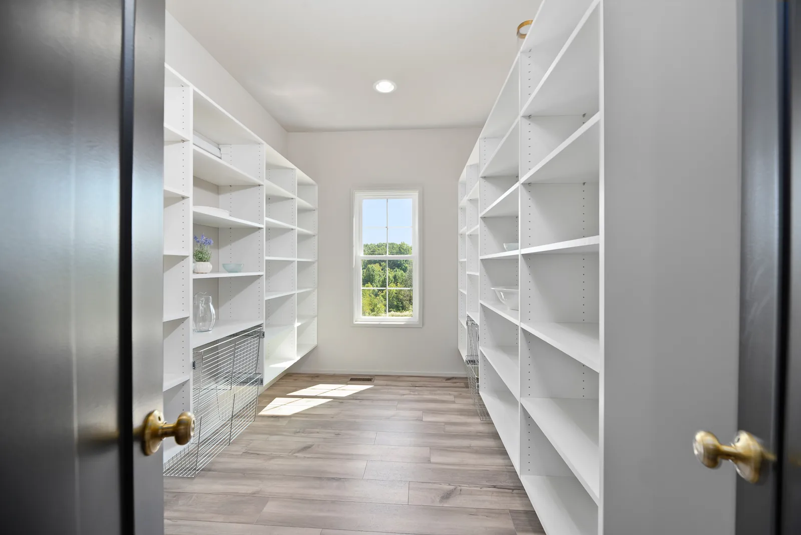 Kitchen walk-in pantry with white shelving in the Otter River Home