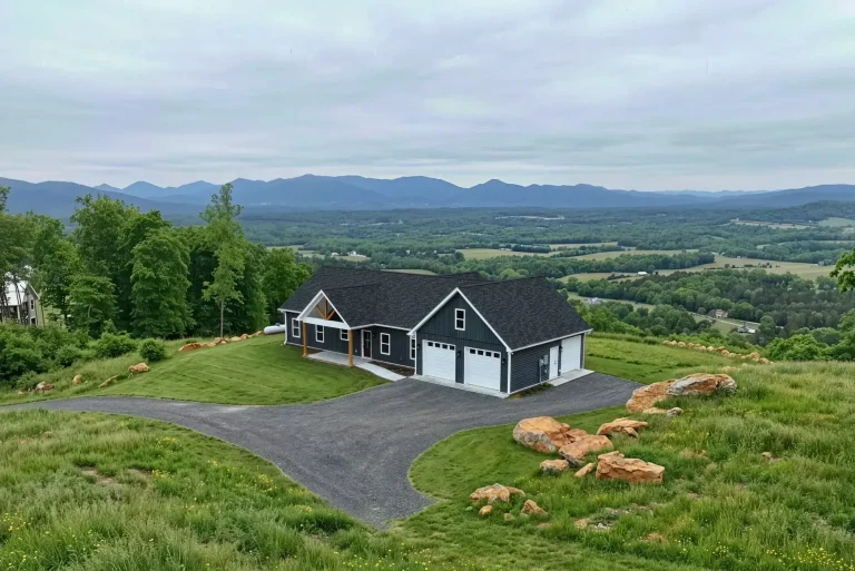 Aerial view of the Mountain Crest Home on a hilltop with distant mountain views